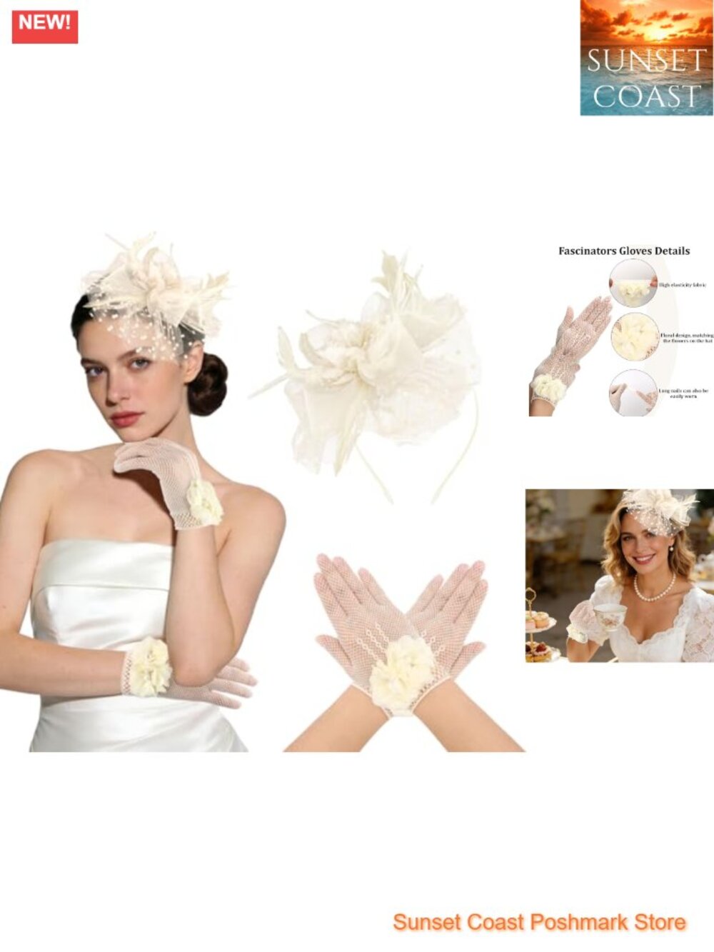 Fascinator Hat & Gloves Set Mesh Feathers Headband Hair Clip Elegant